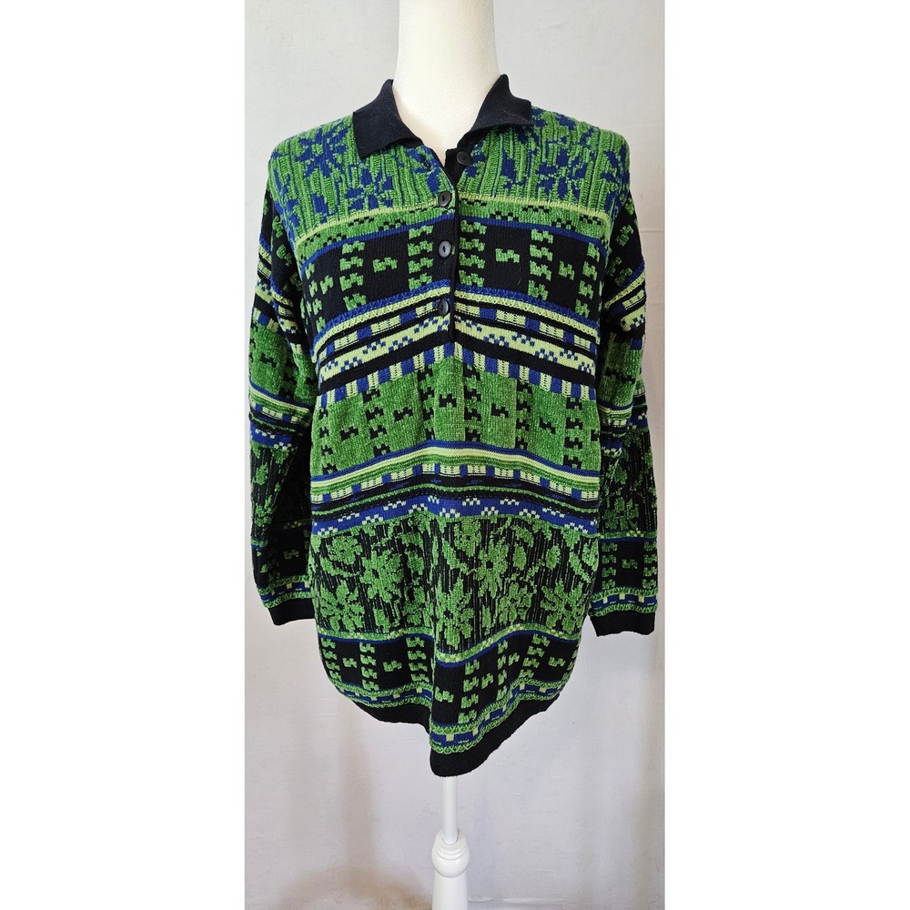 Vintage Collection Green Blue Abstract Geometric Knit Polo Sweater Women L 15218